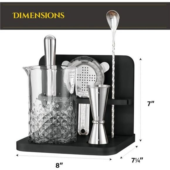 Crystal Cocktail Mixing Glass Set with Bar Tools Bamboo Stand 22 Oz Kit - Picture 3 of 8